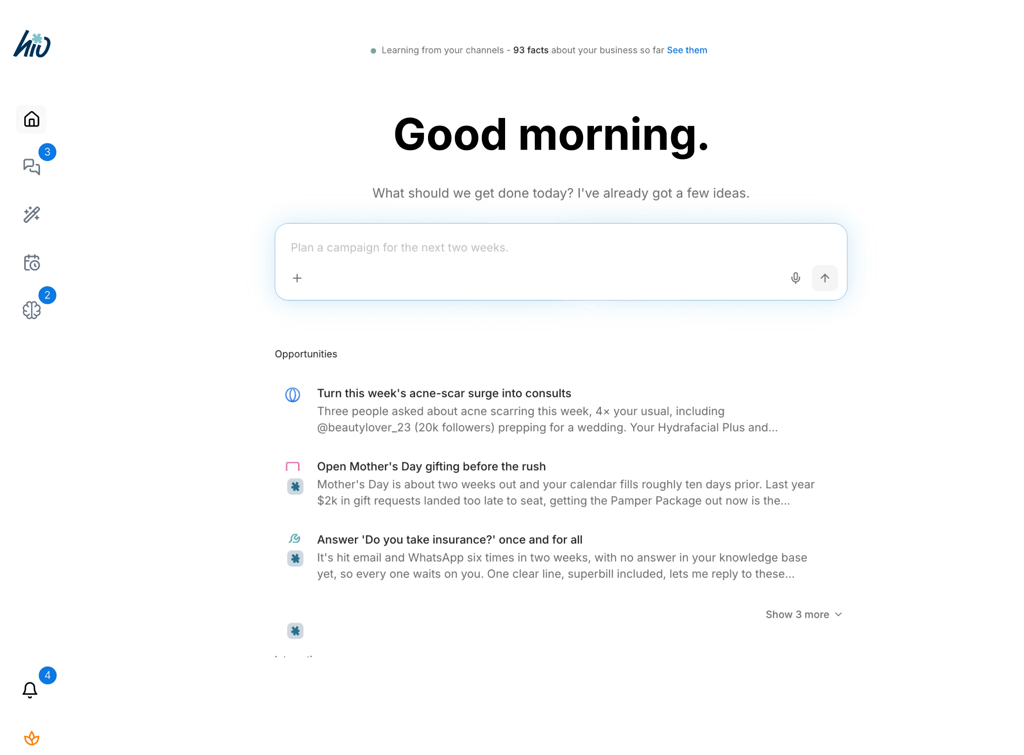 The HiO dashboard greeting a business owner with today's opportunities